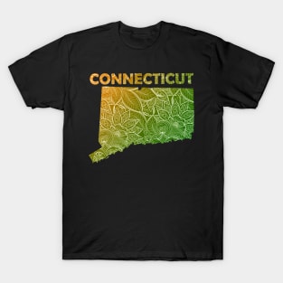 Colorful mandala art map of Connecticut with text in green and orange T-Shirt